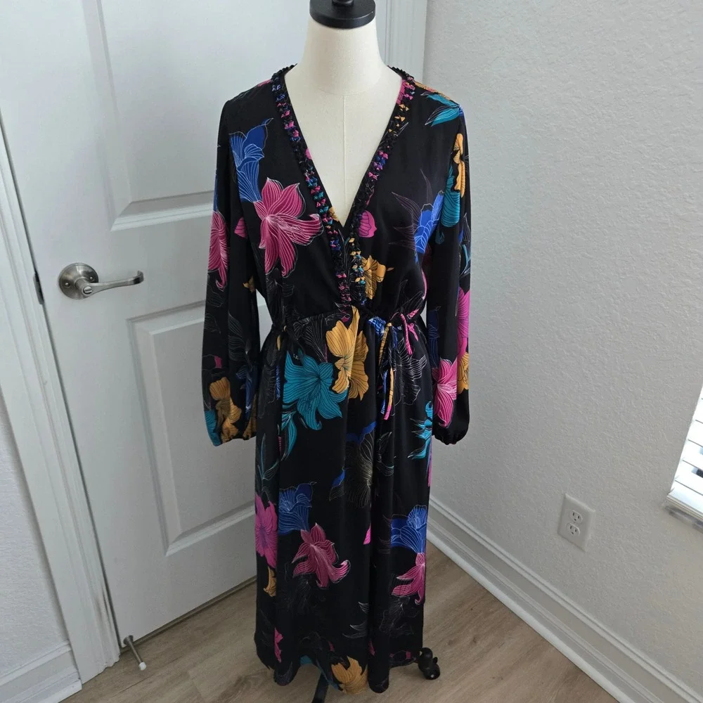 Kobi Halperin Black Floral Midi Dress Large Braided V-Neck Drawstring KP1D16 - Picture 2 of 8